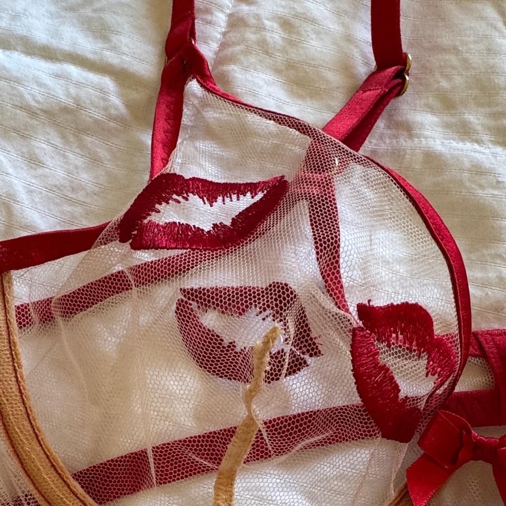 Rare Agent Provocateur Red Kiss Embroidered Sheer Bra Set 34B / AP 3(S/M) - Picture 4 of 9